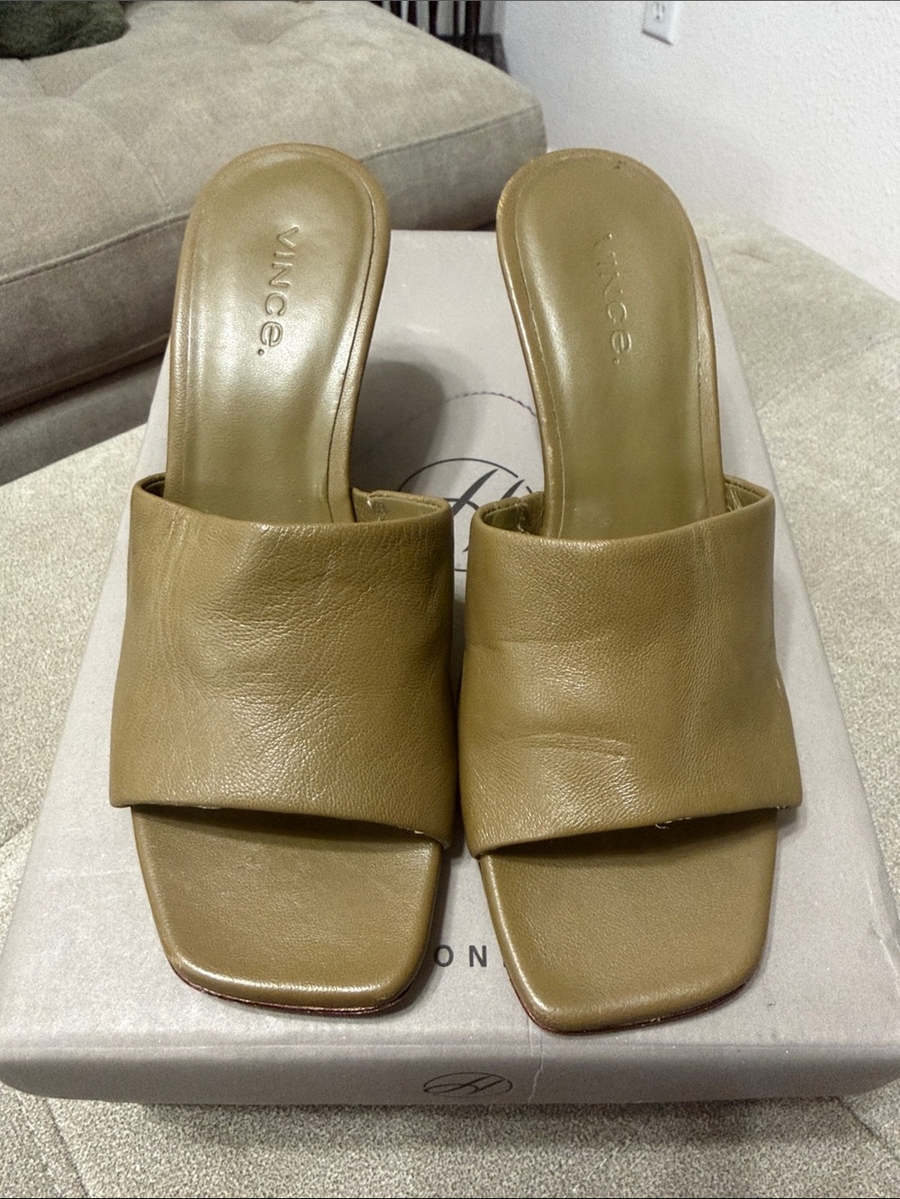Vince Olive-Tone Leather Slide Mules